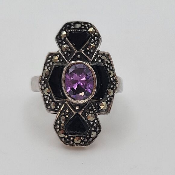 Jewelry - Sterling Silver Purple Glass Center Onyx Art Deco Style Ring Size 5 1/4
